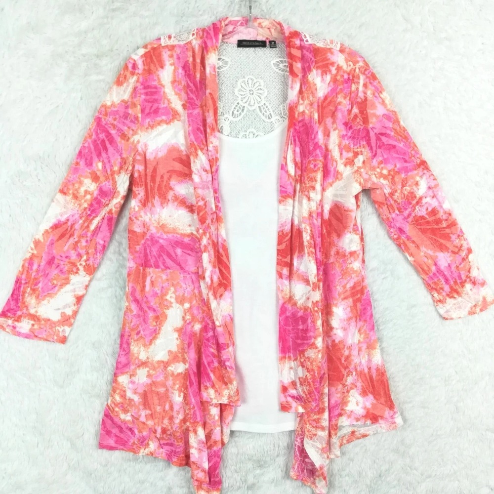 Notations Womens Top Blouse Cardigan Tank‎ Pink Orange Tie Dye Mesh Open Front M